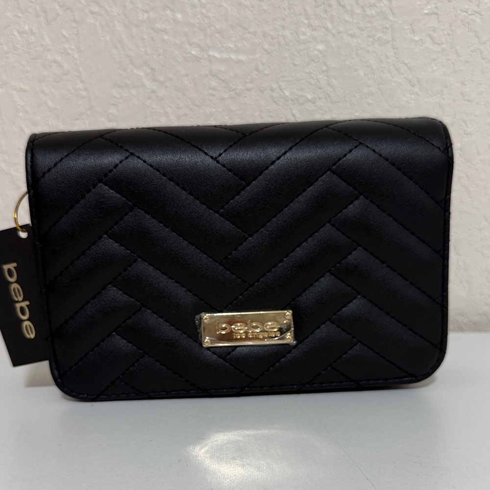 Bebe Black Quilted Crossbody Bag with Gold Accents